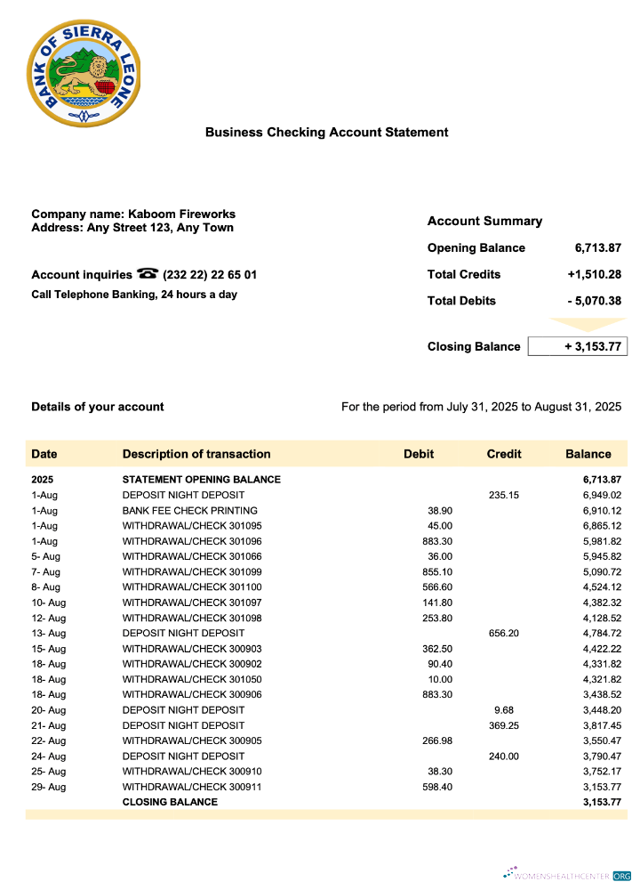 Sierra Leone Bank of Sierra Leone business checking account statement Word and PDF template